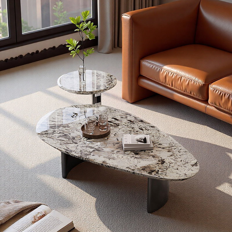 Simple and unique shaped marble coffee table, 15.7" H x 51.2" W x 29.5" D