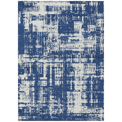 3' X 5' Navy Blue And Ivory Abstract Washable Indoor Outdoor Area Rug