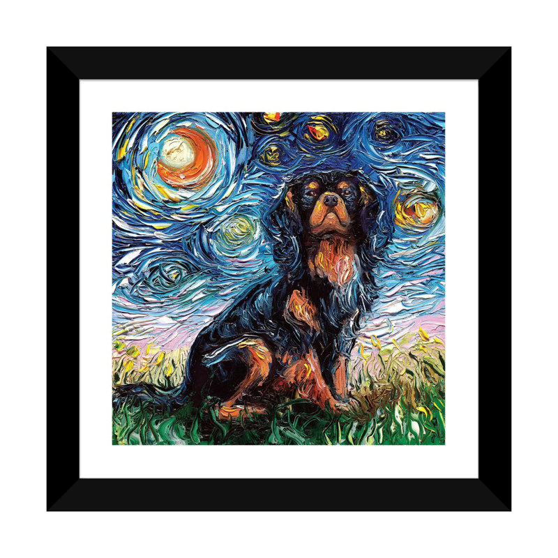 « Cavalier King Charles Spaniel Night » par aja Trèves, reproduction d’art, Papier encadré noir, Blanc
