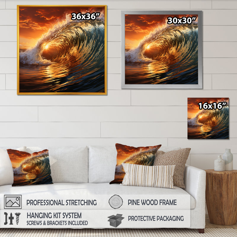 Coucher de soleil vert et orange - art mural plage, H 30 po x l 30 po x P 1,5 po, Toile tendue