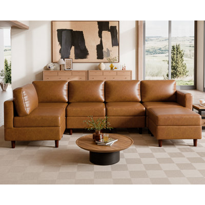 Caynemore 6-Piece 118.5'' Reversible Modern L-Shape Corner Sectional Sofa With Storage Seat- Faux Leather-Brown