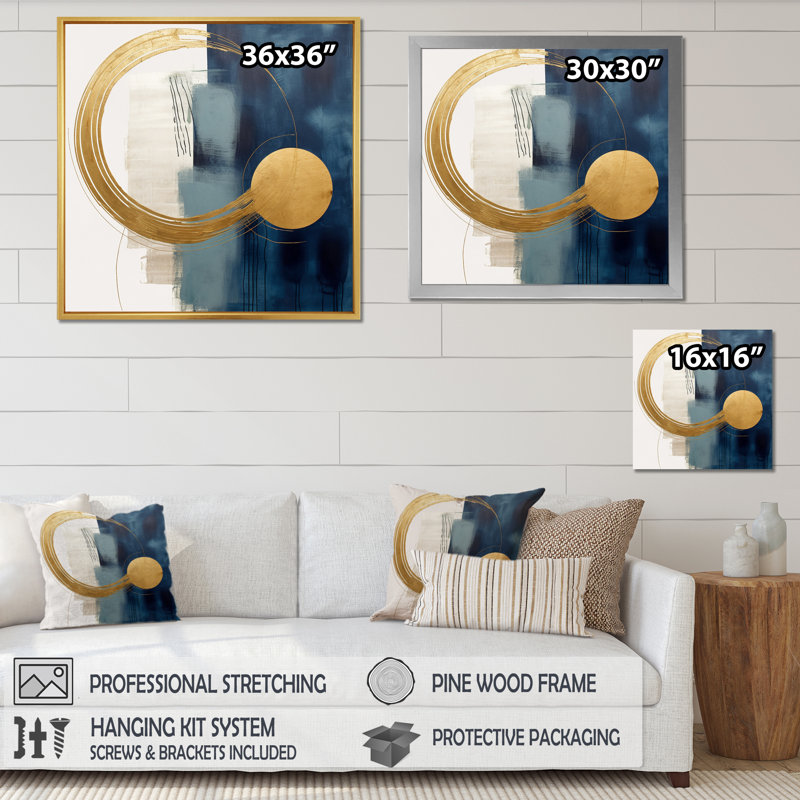 «Moon Bliss On Delft Blue Sky Mid-Century I», art mural sur toile transitionnel, H 16 po x l 16 po, Cadre flottant noir