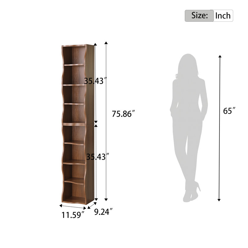 Tall Narrow Wave Edge Bookcase, Freestanding Display Shelf for Home Office, Multiple Colors, Walnut