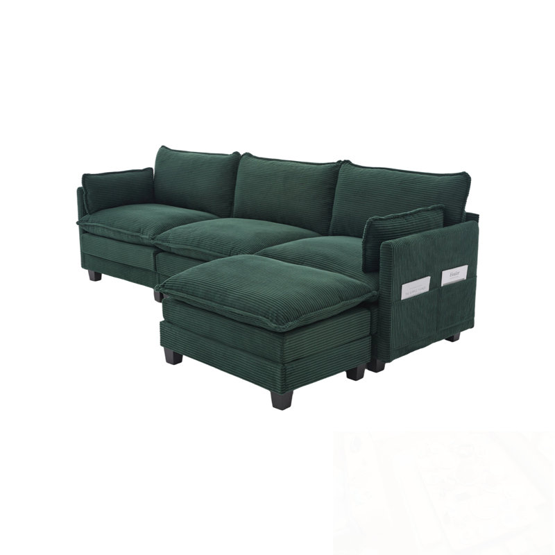 L Shaped Modular Sectional Sofa with Movable Ottoman and side pocket, Emerald