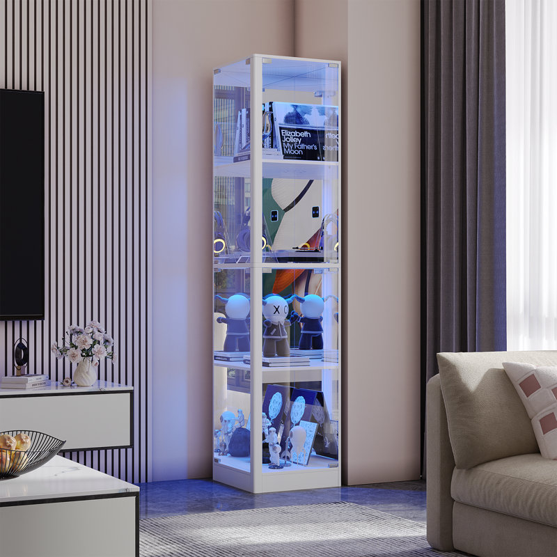 4-Tier Display Cabinet with Tri-Color Sensor Light, White
