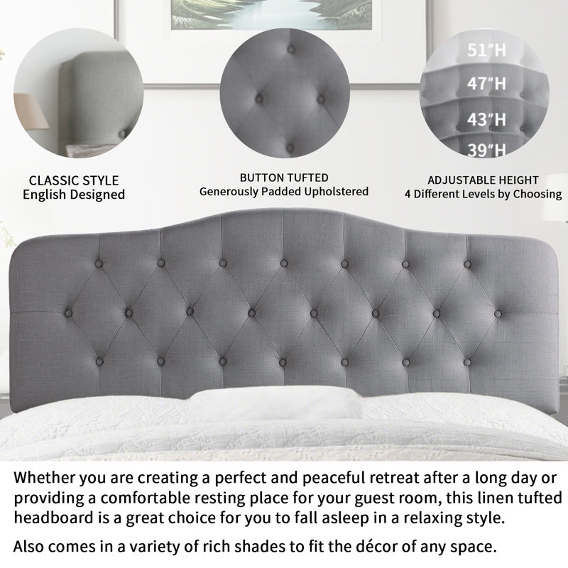 Adjustable Height Headboard with Linen Upholstery and Button Tufting for Bedroom, Queen, Gray