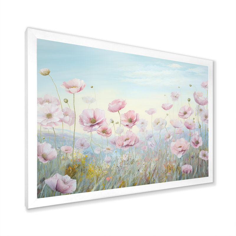 «Pink Ranunculus Field In Mountain I», reproduction sur toile, Cadre simple blanc, H 34 po x l 44 po x P 1,5 po