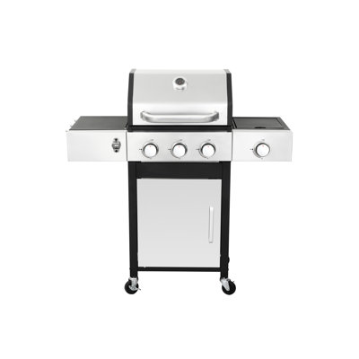 Gas Bbq Grill With 3 Burners, Side Burner And Enameled Cast Iron Thermometer 3 Propane Burner, Portable Wheels