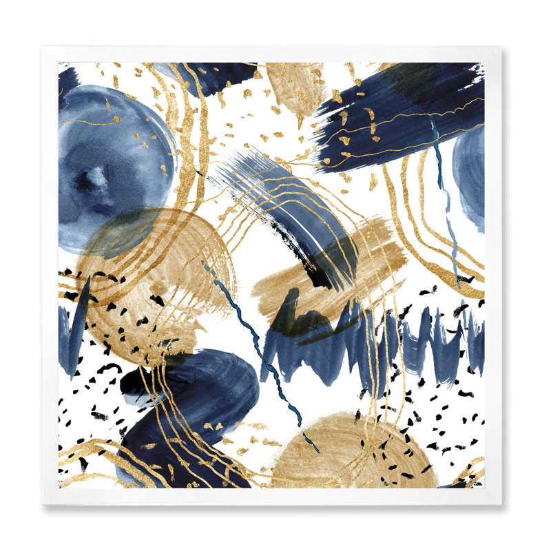 Motif abstrait avec textures bleu foncé et or - peinture sur toile à cadre flottant, H 36 po x l 36 po x 1,5 po