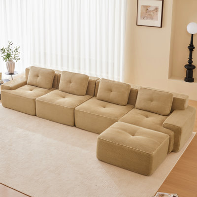 Canapé d'angle modulaire moderne en velours côtelé de 389 cm (153 po) en forme de L, 4 modules, avec assise profonde et amovible, base coulissante, aucun assemblage requis, passepoil nacré, design élégant, base confortable, installation facile