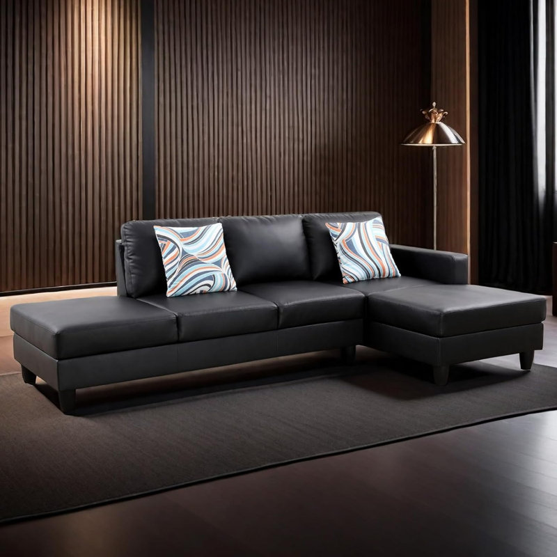 2-Piece Faux Leather L-Shape Lint Sectional Sofa, Black Faux Leather, Right Hand Facing