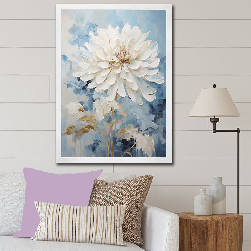 Fleur de dahlia blanc et bleu minimalisme II - imprimé, Cadre simple blanc, H 44 po x l 34 po x P 1,5 po
