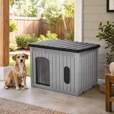 Niche d'extérieur pour chien en polypropylène (PP), 81 cm L x 63 cm l x 61 cm H, toit à charnières ouvrant, avec rideau de porte et fenêtre, noir/gris
