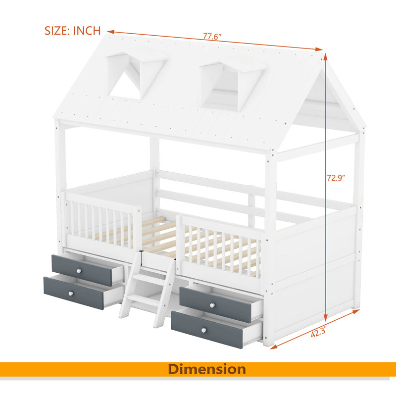 Wood Bed House Bed Frame, Twin, White