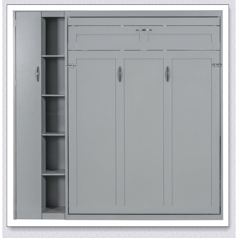 Murphy Bed Wall Bed With Shelves, Wardrobe And LED Lights, Gris, Lit double