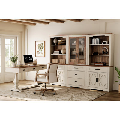 Modern Farmhouse Home Office Set: 60-Inch Vintage Desk With Power Outlets & 73" 3-Column Bookcase With Cabinet And Drawers,White&Oak