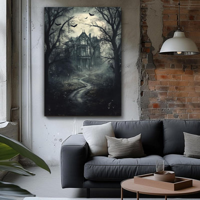 Halloween Wall Art, Creepy Haunted House Canvas Art Prints For Home Decor, Spooky Forest Bat Pumpkin Poster Painting Framed, Scary Black Halloween Pictures For Living Room Wall Decor 24X36 Inches