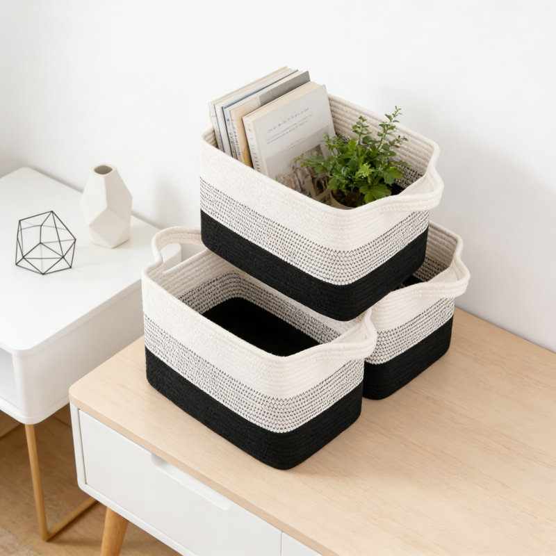 Woven Storage Baskets 3-Pack, Rectangular Decorative Organizer Bins For Shelves, Closet, Nursery, Handmade From Soft Natural Cotton Rope For Toys, Books, Clothes & Towels