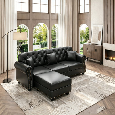Upholstered Faux Leather Sofa with Nailhead Trim and Rolled Armrests