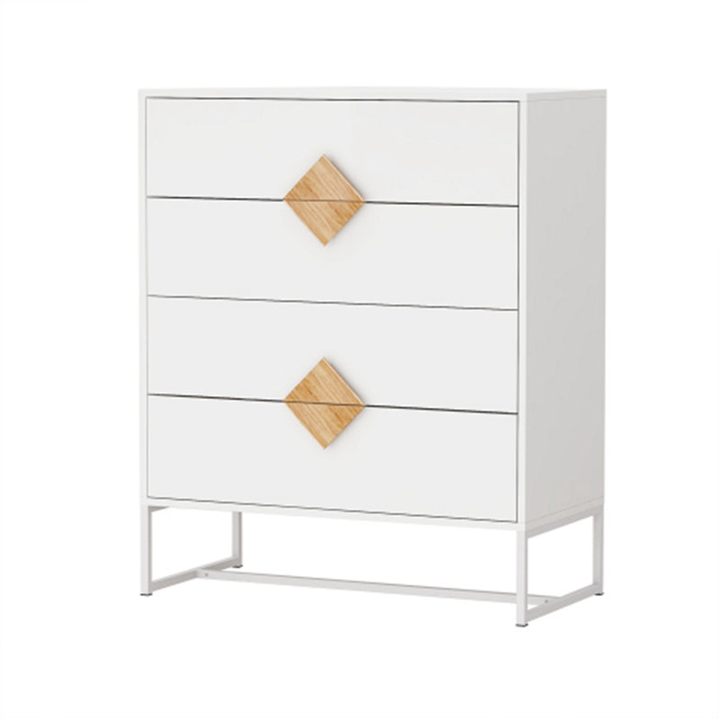 Commode 4 tiroirs à poignée carrée en bois massif - Rangement moderne pour la chambre en panneau de fibres à densité moyenne avec structure en fer robuste