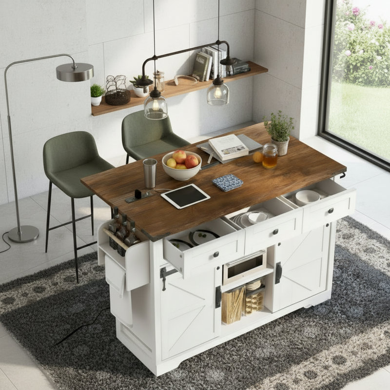 White Barn Door Kitchen Island, Farmhouse Style Power Outlets, Folding Countertop, Spice Rack, Rolling Trolley Kitchen/Dining Area.