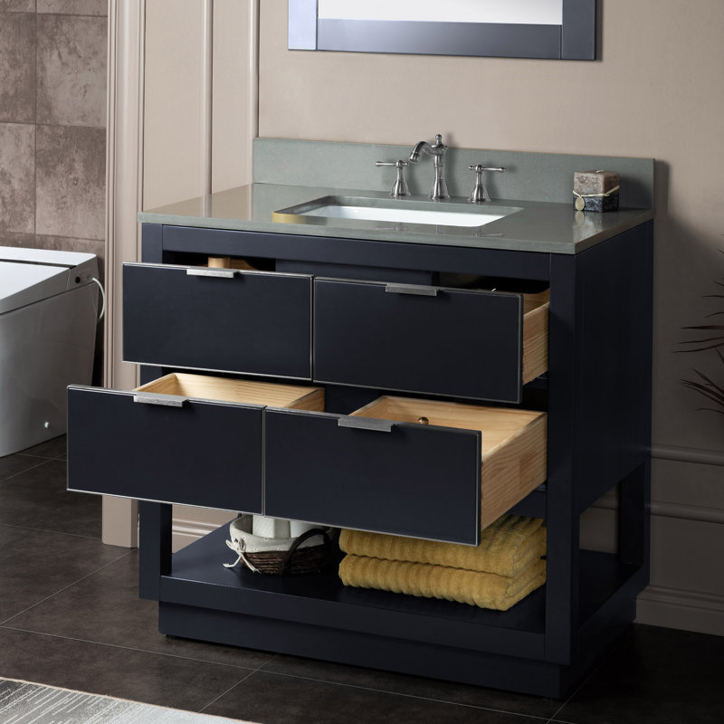 Meuble-lavabo en bois massif 36 po x 21 po x 33 po avec 3 trous pré-percés, Gris, Or, Carrara