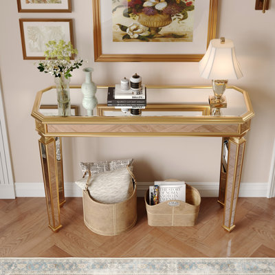 Miroir console rétro vintage en grain de bois, magnifique et noble pour le vestibule, la table de canapé et le salon (l 48 po x H 32,3 po x P 18 po, or)