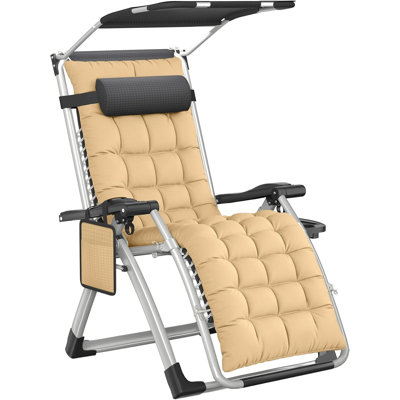 1 Pack Sun Lounger with Canopy for Garden Heavy Duty Zero Gravity Chair Padded Folding Deck Recliner 90-170° with Pillow, Cup Holder & Pocket Textilene Steel Frame 150kg Capacity, Grey