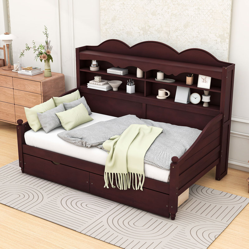 Daybed With Storage Drawers and Shelves, Espresso