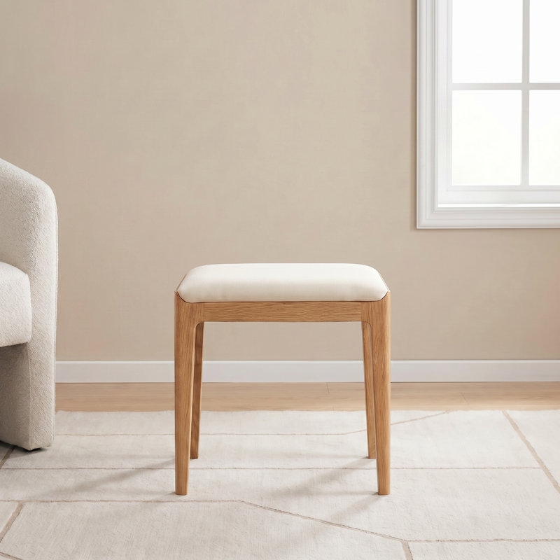 Tabouret de coiffeuse moderne en chêne massif avec siège rembourré en lin, Chêne naturel