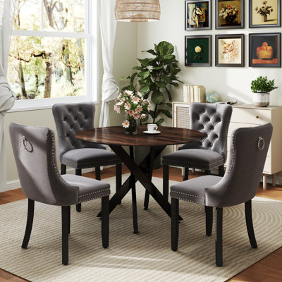 Round Wood Dining Set with Tufted Dining Chair