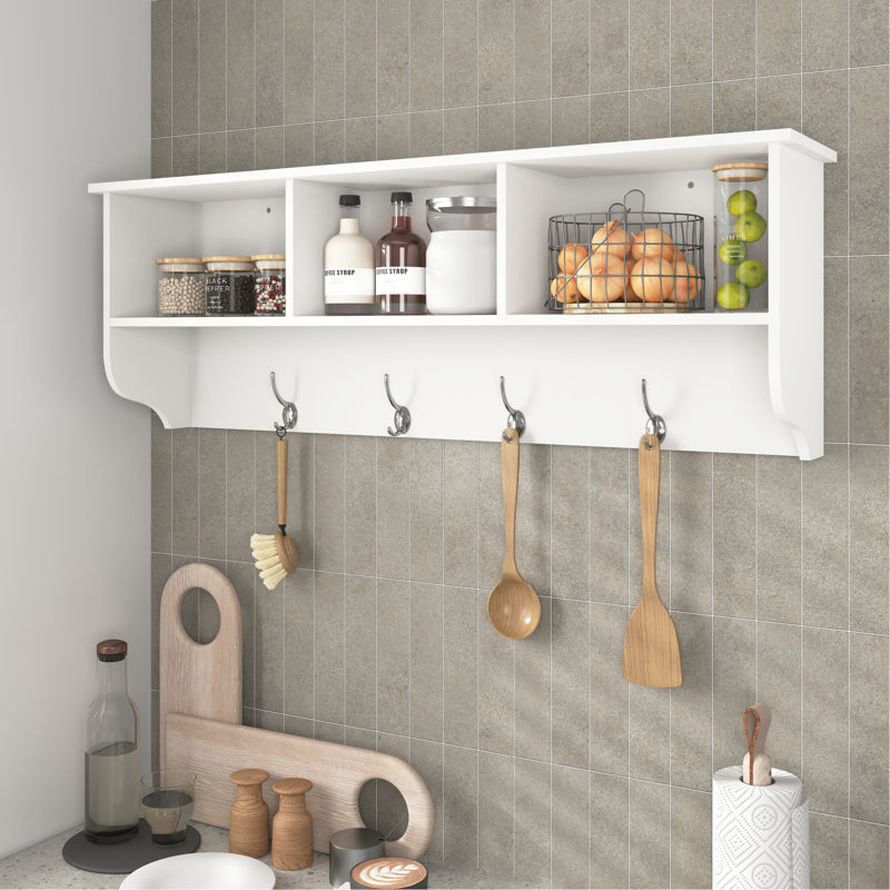 White Entryway Coat Rack With 4 Hooks And Practical Wooden Storage Shelf Wall Mounted Solid
