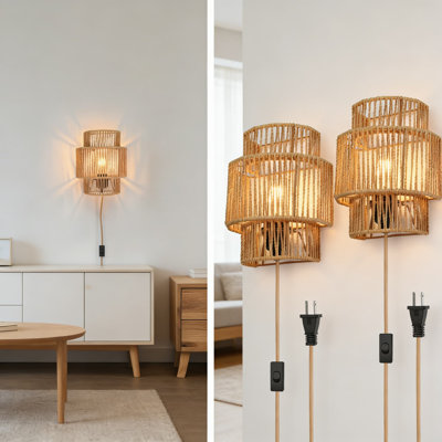 Ensemble de 2 luminaires muraux à brancher à la main avec interrupteur, abat-jour tissé naturel pour la chambre à coucher, le salon, le couloir et le porche