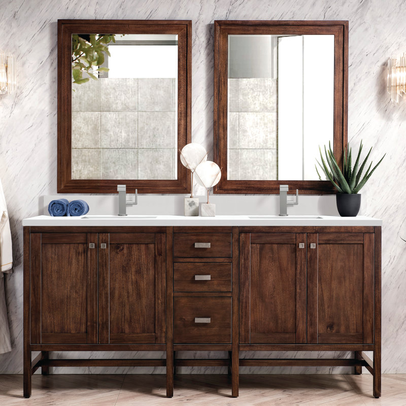 Addison 72'' Double Bathroom Vanity with Top, Mid-Century Acacia, White Zeus, Single-Hole
