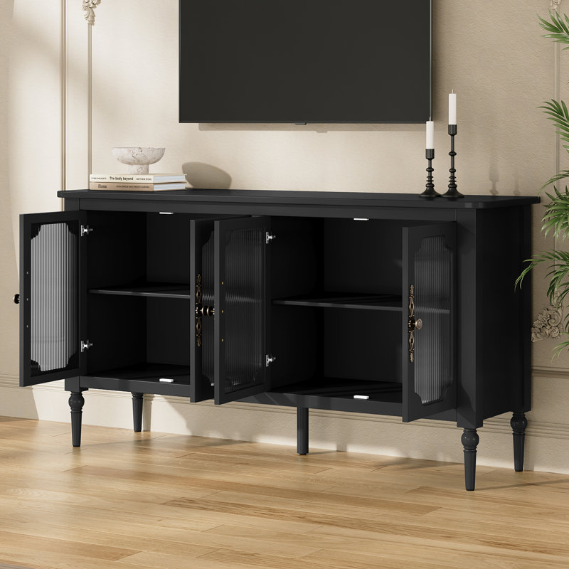Buffet 4 portes de 147 cm (58 po) avec portes vitrées et pieds en bois massif, noir, Noir