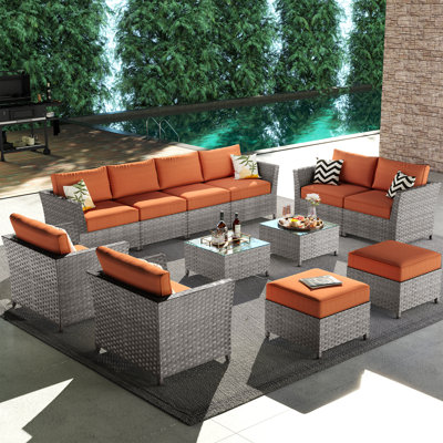 Cassville 8 - Person Patio Furniture Set, Outdoor Wicker Rattan Sectional Seating Group with Cushions, All Weather Sofa Conversation Set Table for Gar by OVIOS