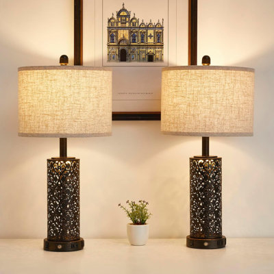 Ensemble de 2 lampes de table de ferme avec commande tactile à intensité variable à 3 voies, veilleuse, 2 ports USB et prise de courant - lampes de chevet rustiques rétro pour le salon, la chambre à coucher et la table de chevet
