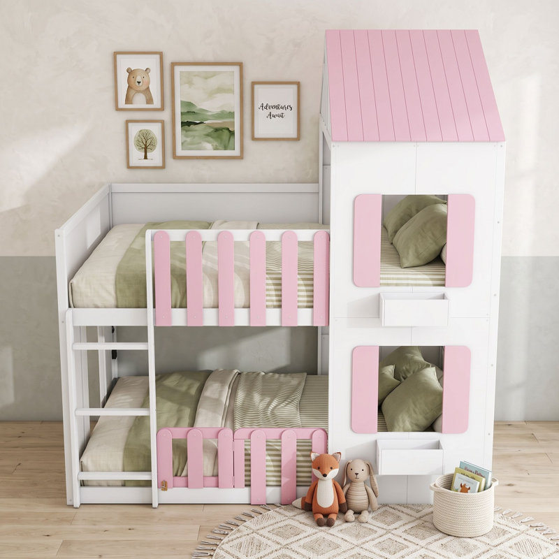 Lit superposé avec tablette de rangement, Double sur double, Rose