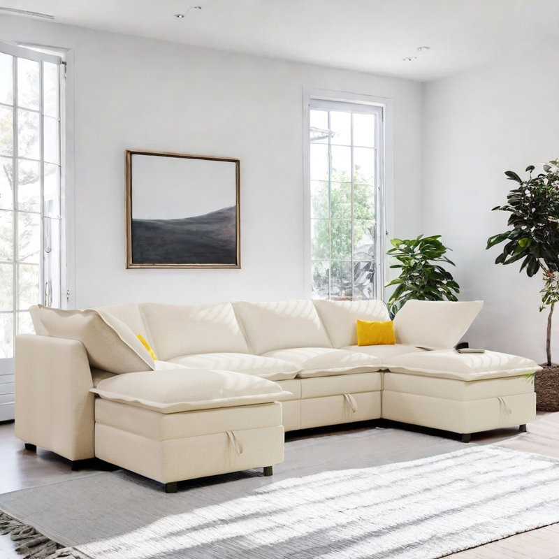Taquila U-Shaped Sleeper Sectional Modular Sofa Bed, Beige Velvet