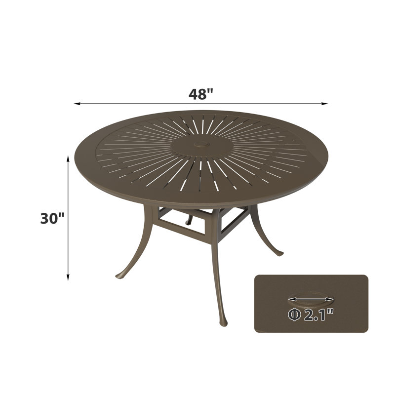 Table de salle à manger d'extérieur 48 po en fonte d'aluminium thermolaquée avec trou pour parasol