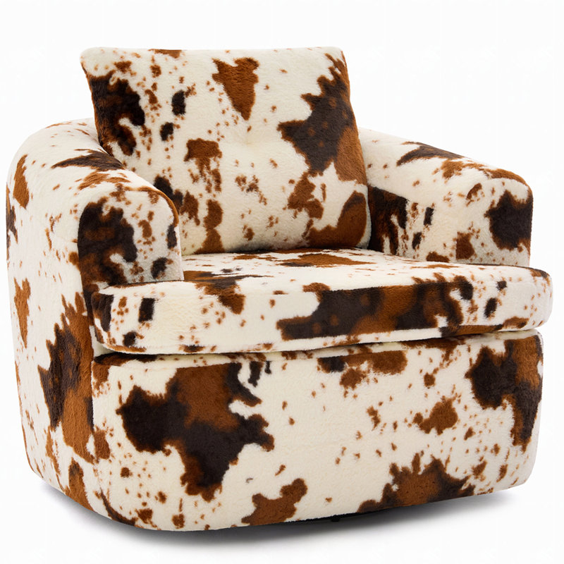 Upholstered Swivel Barrel Chair, 1, Beige/Brown Faux Fur