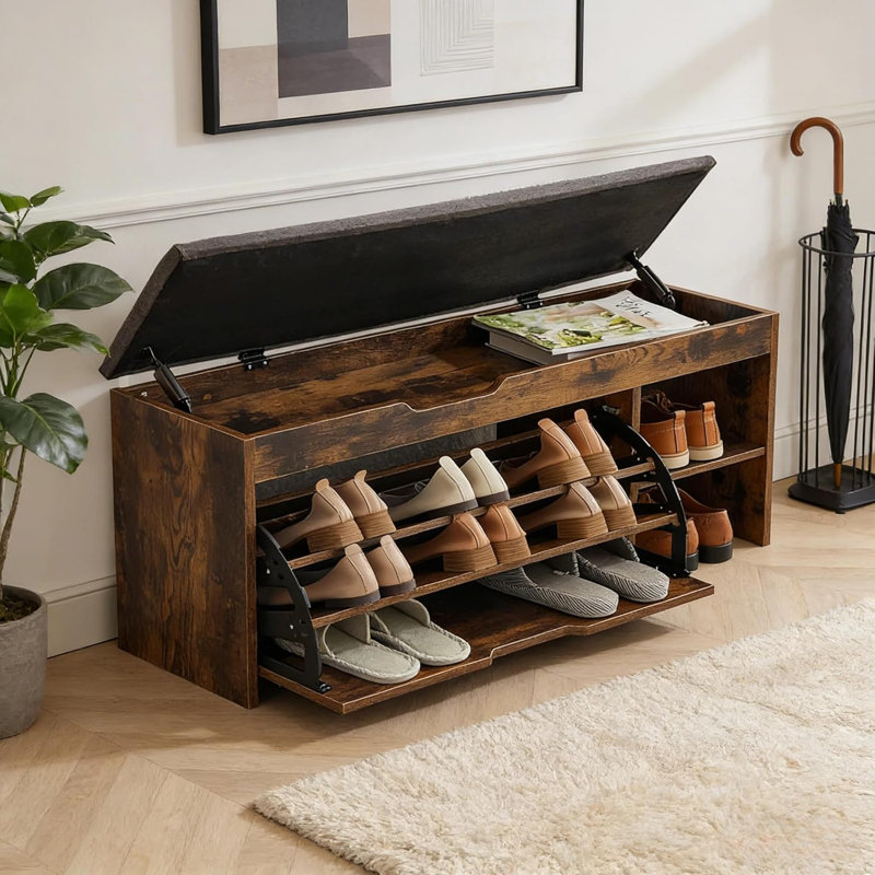 Shoe Storage Bench, Shoe Bench With Cushion Seat, Shoe Rack Bench With 1 Flip Drawers, Shoe Cabinet With Adjustable Shelves For Hallway, Bathroom, Garage