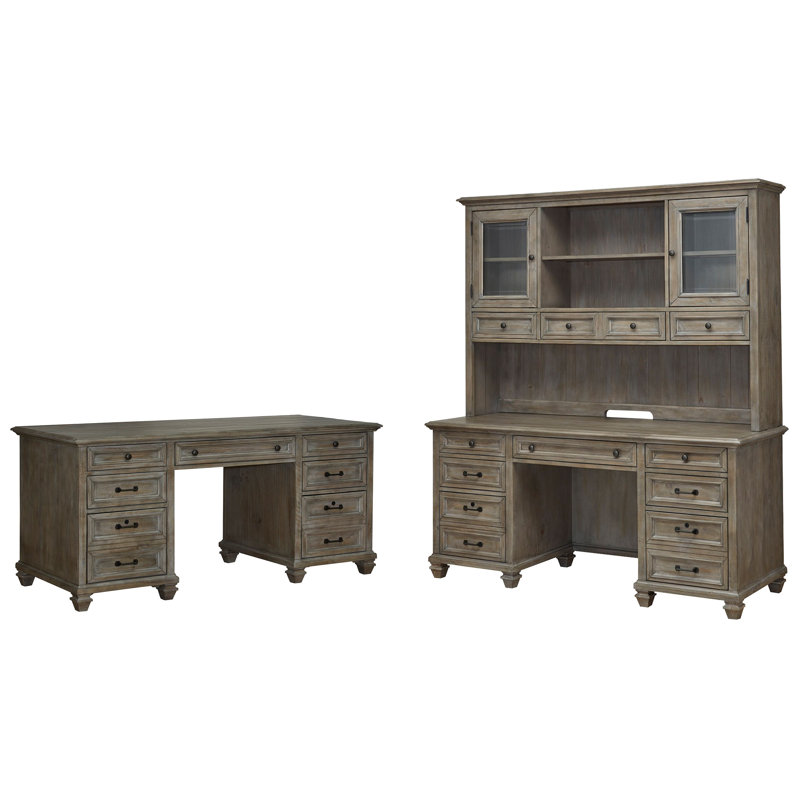 Executive Desk With Credenza And Hutch, 2 Pieces: Desk, Credenza, Dovetail Gray
