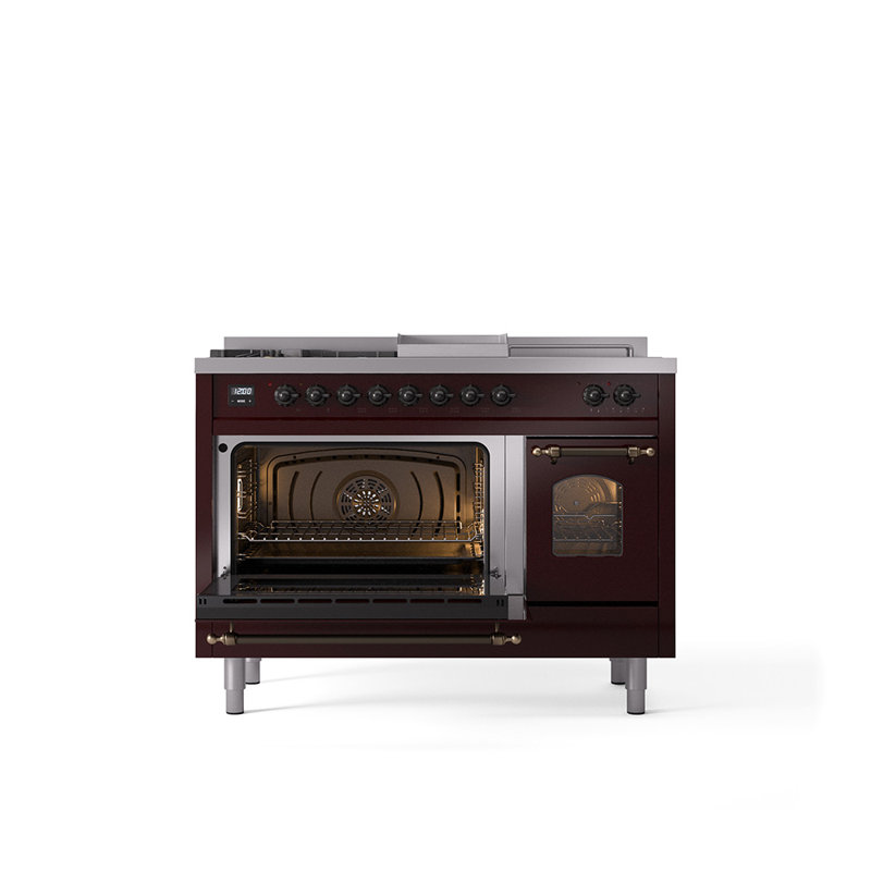 ILVE Nostalgie II Series 48 inch Dual Fuel Range with 5 Sealed Burners, Griddle, Frenchtop (Glass Door), Burgundy/Bronze