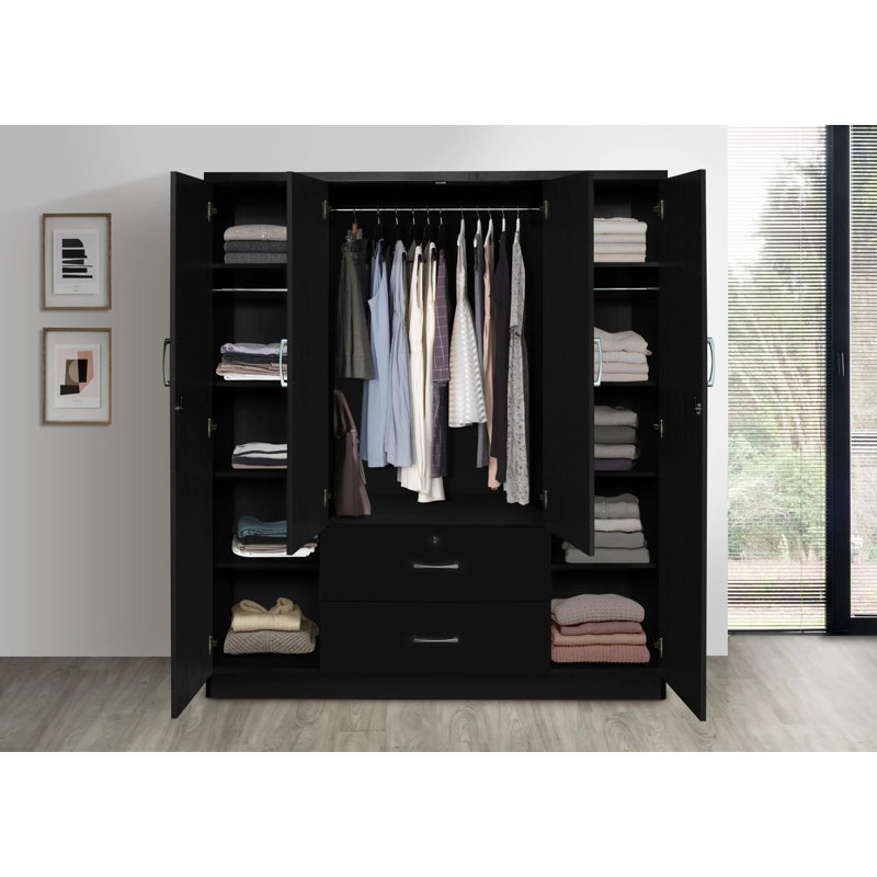 Garde-robe 4 portes / 2 tiroirs avec miroir, Noir