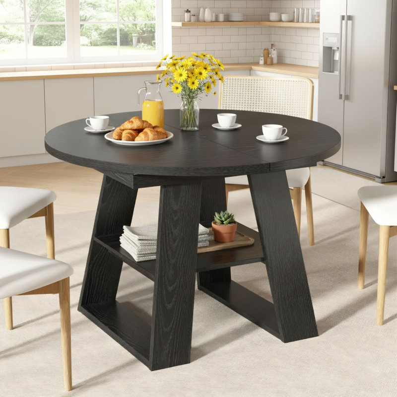 Table de salle à manger extensible noire de 43,5 à 59 pouces, avec support de rangement, pour 4 à 8 personnes, table de salle à manger compacte.