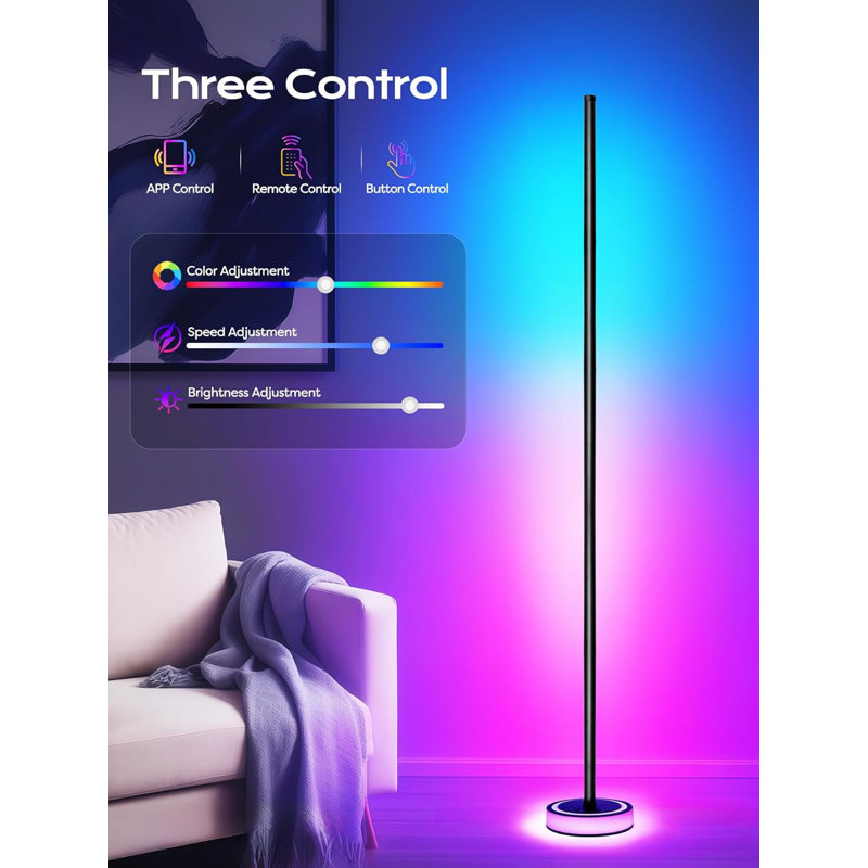 Lampe sur pied d'angle Smart RVBICW avec Music Sync - Lampe sur pied à DEL 16 couleurs changeantes avec contrôle d'application, éclairage ambiant à intensité variable pour salle de jeux, chambre à coucher et salon
