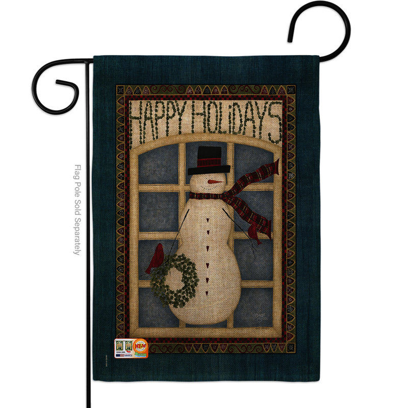 Drapeau de jardin Gharib Happy Holiday Snowman, Bleu foncé, Toile de jute