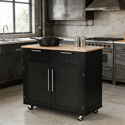 Kitchen Island Cart On Wheels With Towel Bar, 2 Drawers & Cabinet, Adjustable Shelf, Locking Casters And Durable Rubber Wood Top