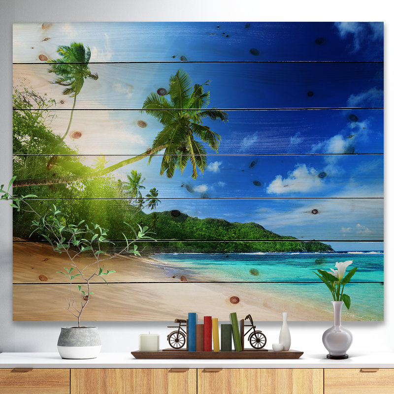 «Sunset Beach with Palm», reproduction de photo sur métal, H 15 po x l 20 po, Bois